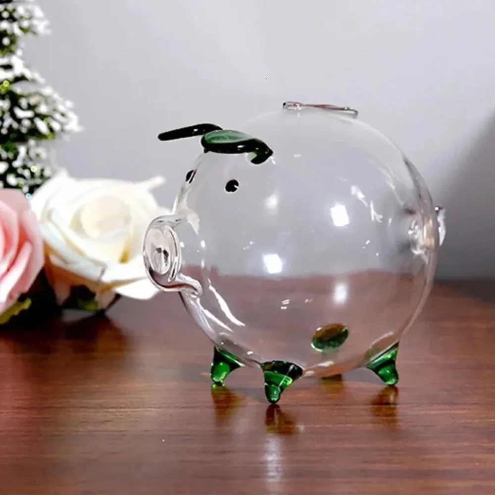 Clear Glass Piggy Bank W/Green Accents Hi-Quality Crystal-Clear Glass Hand-Made